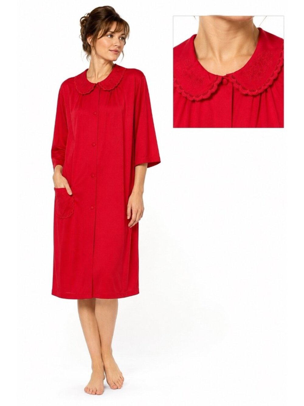 vintage 60s SHADOWLINE robe peignoir red L XL embroidered scalloped collar